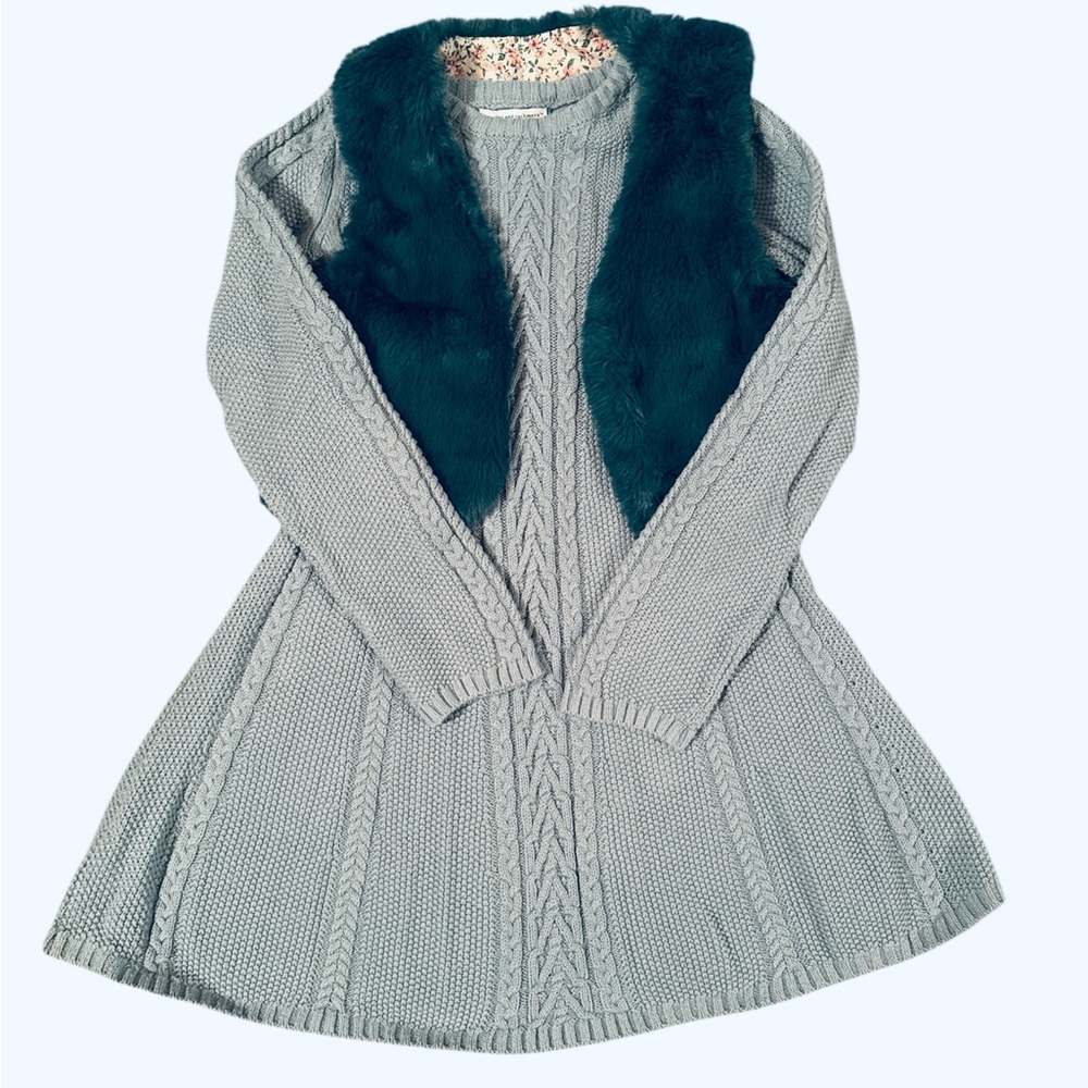 Cupcakes and Cashmere Teal Cable Knit Dress with Faux Fur Vest Size 7-8